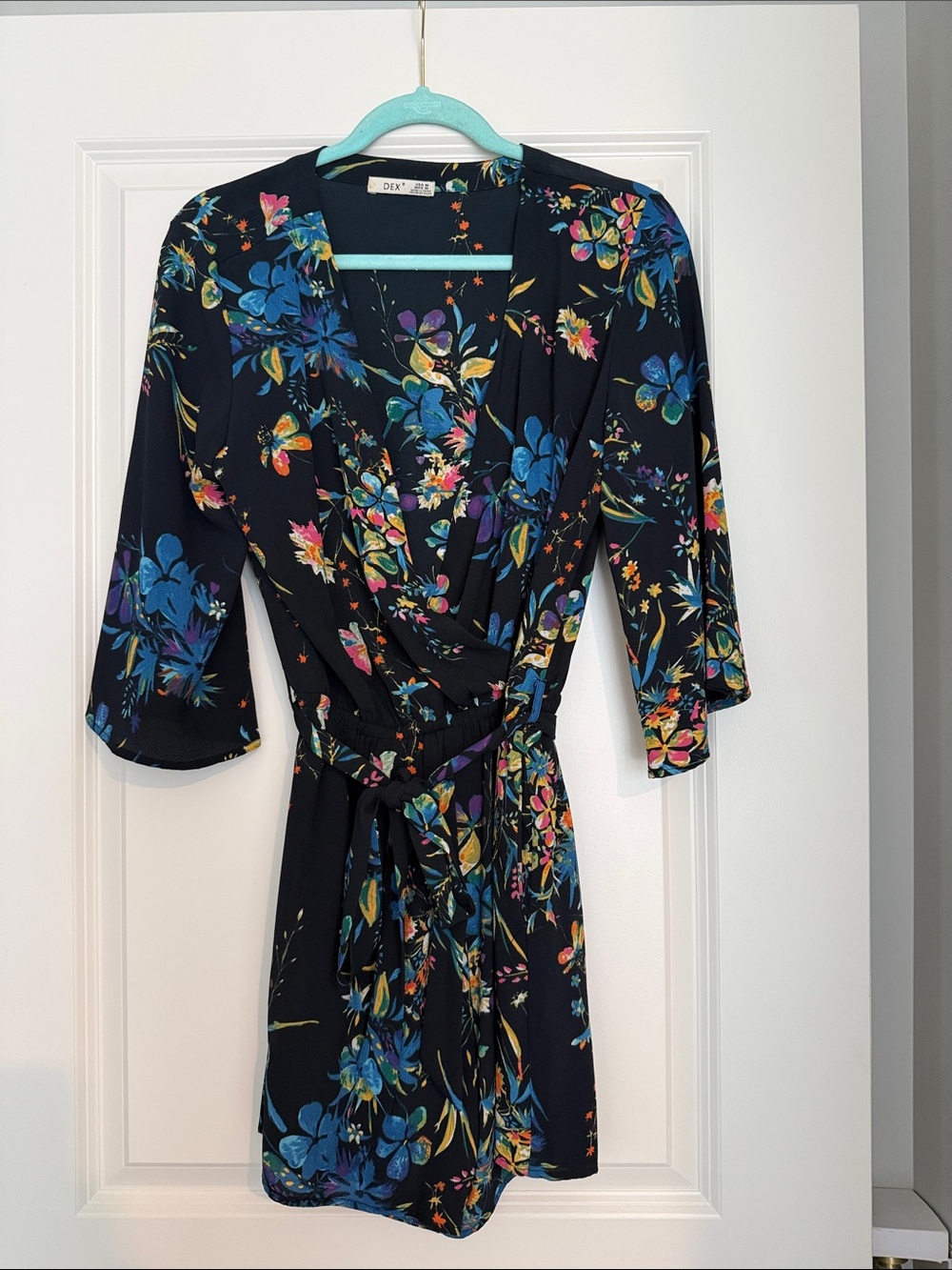 Dex Black Floral Wrap Romper with Blue & Multicolor Print